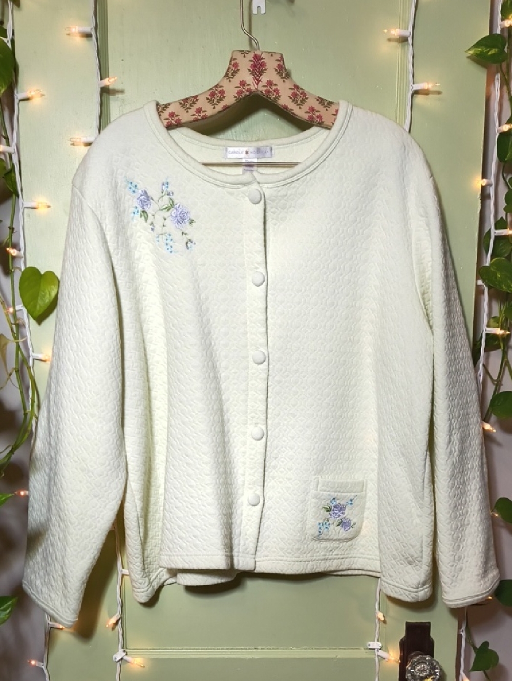 Women's Carole Hochman Purple Flower Cream Ivory Button Up Cardigan Jacket 1X - Picture 2 of 12